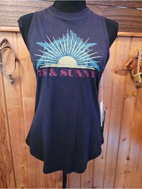 78 & Sunny Women's Blue Graphic Muscle Tank NWT